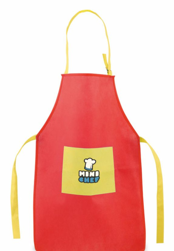 Børneforklæde med logotryk på lommen eller over lommen
