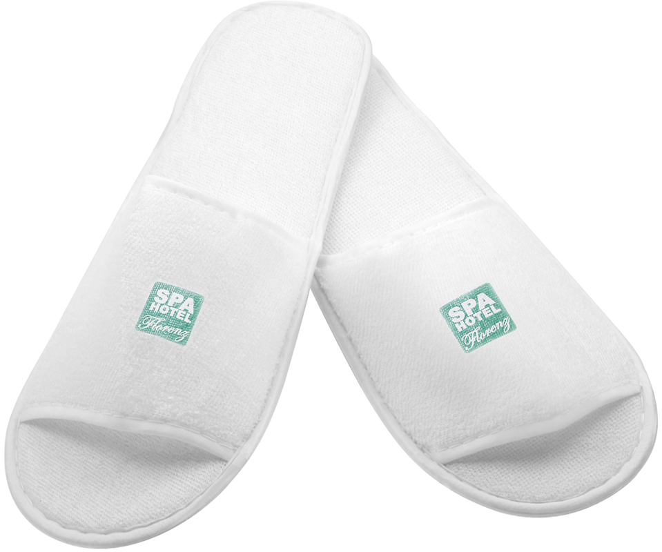 Badesko og badetøfler i frotte - hotel slippers med logo