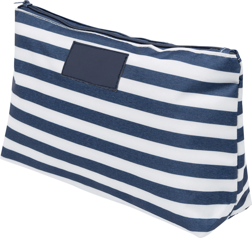 køb stribet toiletaske med logo fra 100 stk her - se 3 farver nu