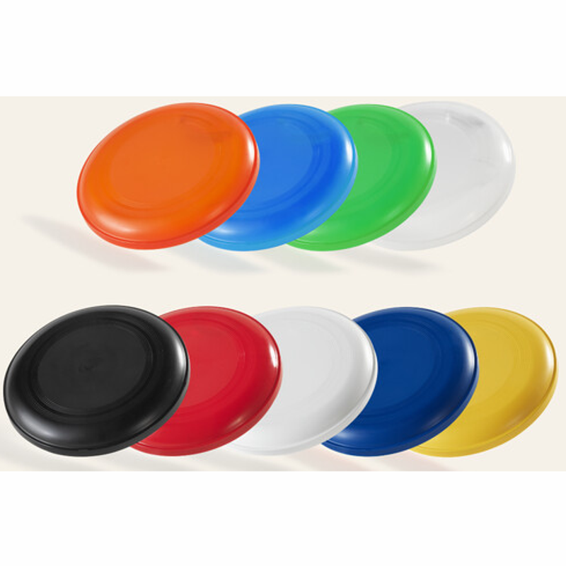 Frisbee i transparent eller fuldfarvet plastik fås med logo