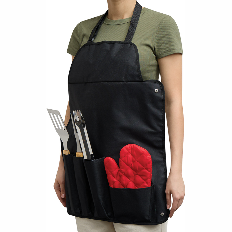 Grillforklæde med logo og 3 stk grillværktøj og grillhandske