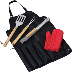 Grillforklæde med logo og 3 stk grillværktøj og grillhandske