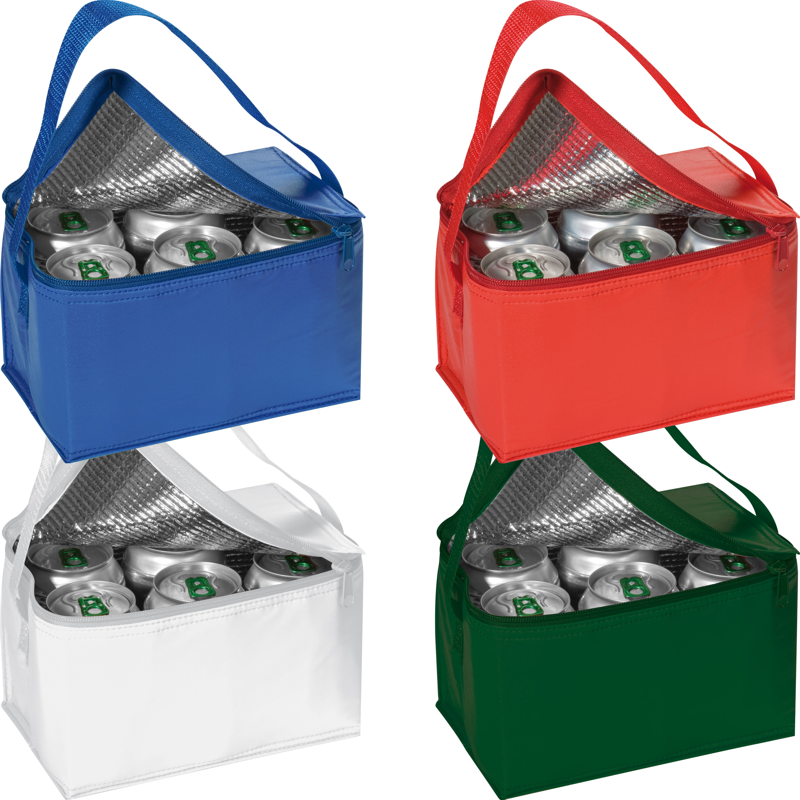Lille køletaske til madpakken og  en sixpack fås i 4 farver med logo