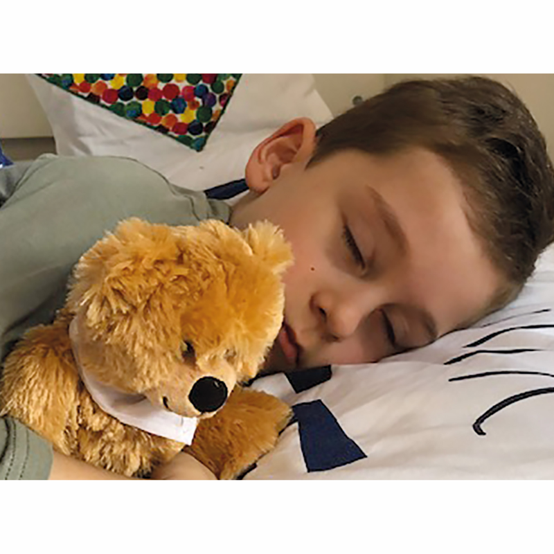 Blod bamse med logo på tørklæde