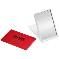 Lommespejl - taskespejl med logo- spejlet kan stå på et bord